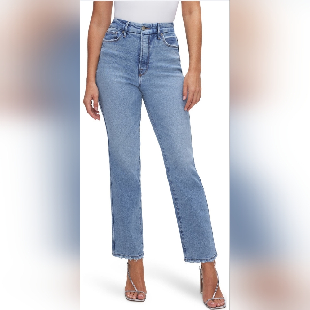 Good American, good curve high waits distressed straight leg jeans ( regular)